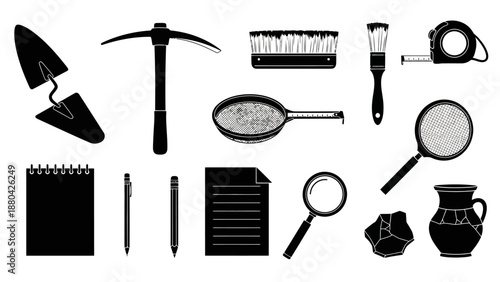 A collection of archaeological and geological tools including trowel, pickaxe, brushes, magnifying glasses, measuring tape, sieve, notebook, pens, and ancient artifacts.