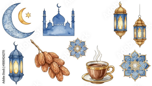 Watercolor collection of Islamic cultural and religious symbols including mosque, lanterns, dates, and crescent moon.