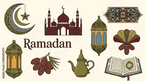 Collection of Islamic and Ramadan symbols including mosque, crescent moon, lanterns, dates, and Quran, on a light background.