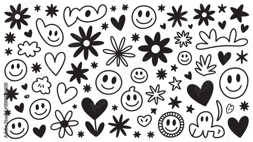 Hand drawn doodle icons with smiley faces and hearts in simple black and white illustration for greeting cards