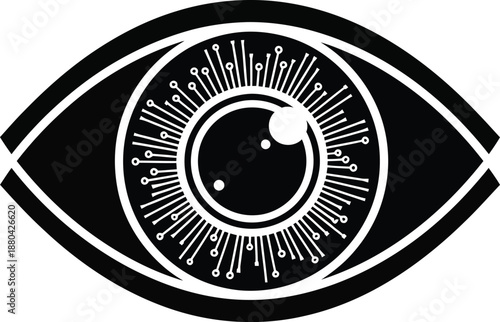 Stylized black and white graphic icon representing a digital eye with integrated circuit lines suggesting advanced technology and electronic surveillance concepts for modern design.