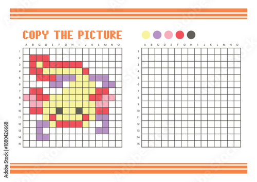 Copy the picture grid drawing worksheet for kids. Pixel art axolotl