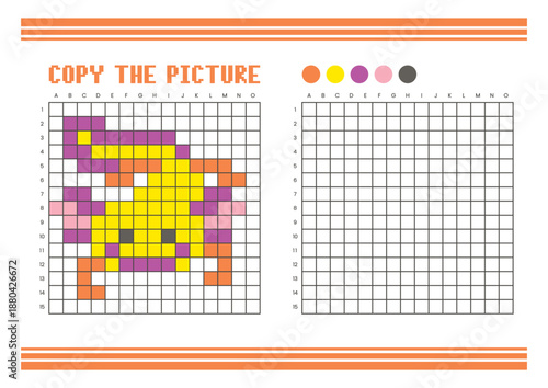 Copy the picture grid drawing worksheet for kids. Pixel art axolotl