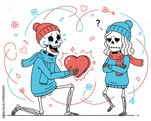 Crying Skeleton Proposal Rejected Unrequited Love Vector Illustration