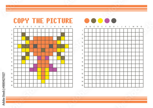 Copy the picture grid drawing worksheet for kids. Pixel art axolotl