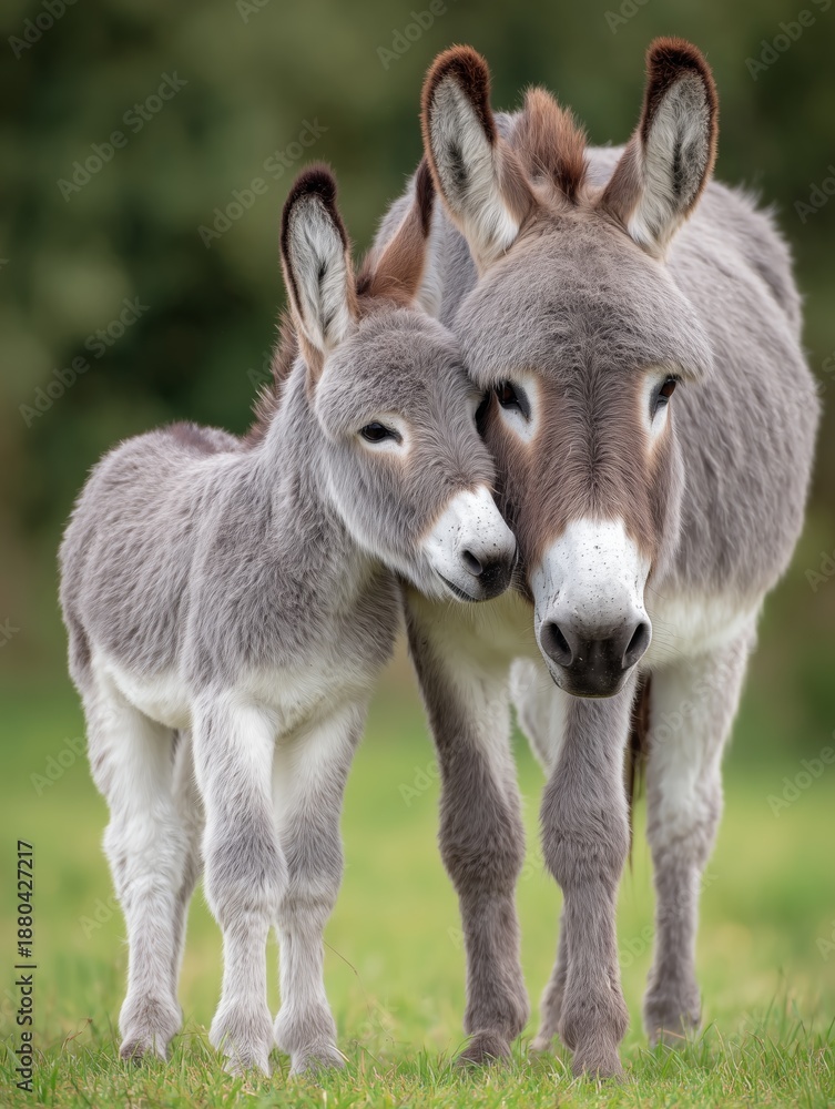 Fototapeta premium Adorable Donkey Foal Hugging Its Mother in a Green Pasture