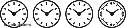 Four black and white analog clock faces clocks time