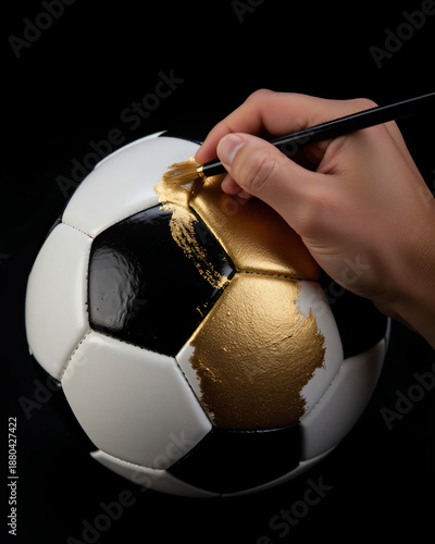 Hand Painting a Soccer Ball with Gold Paint, Creative Sports Concept