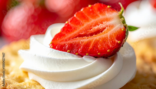 Fresh strawberry slice on whipped cream tart macro shot