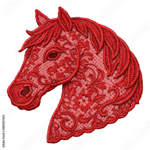 Red lace horse head with embroidered floral patterns, Chinese zodiac decorative element isolated on transparent background
