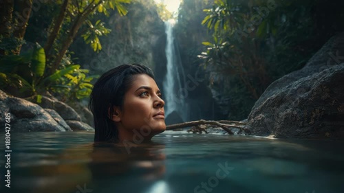 Tropical waterfall pool with woman relaxing peacefully lush forest. serene jungle relaxation