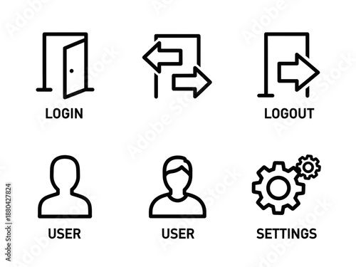 Flat design icons for user management and settings with login logout indicators