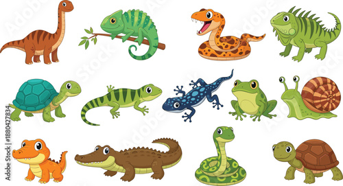 Cute cartoon reptiles and amphibians vector set with lizards, snakes, turtles, frogs, crocodiles, and exotic animals