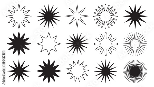 Starburst Icons in Various Styles and Textures in Black and White for Graphic Design
