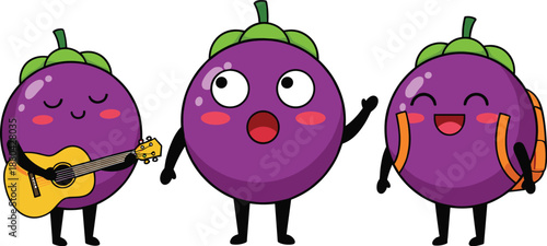 Cute cartoon mangosteen fruit character vector set with funny poses, musical guitar, backpack, and kawaii expressions
