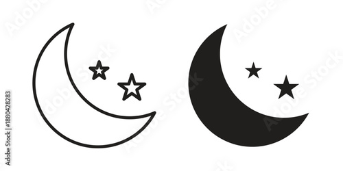 Moon stars icons vector glyph and thin line. Black icons