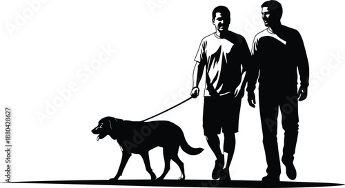 Black and white silhouette of two men walking a dog on a leash, enjoying a casual stroll and outdoor exercise.