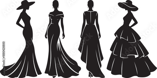 Fashion women silhouette set, elegant fashion model dress silhouette, set of silhouettes of woman in a dress, women showcasing diverse dress styles for fashion design