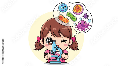 Little Girl Looking at Microbes via Microscope