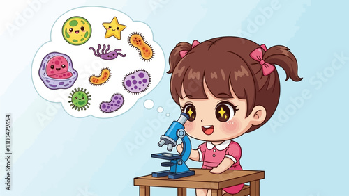 Little Girl Looking at Microbes via Microscope