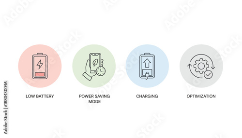 Battery Optimization Icons in Minimalist Style with Pastel Colors on White Background for Mobile App Design
