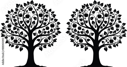 Two black silhouettes of apple trees with fruit and leaves, isolated on white background, symbol of nature, growth, and harvest.