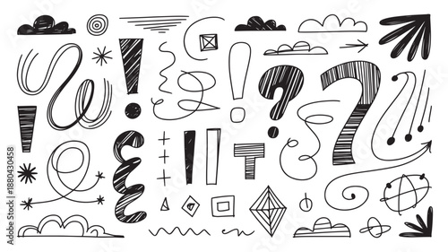 Hand drawn doodle elements in minimalist black and white style with dynamic lines and shapes for graphic design