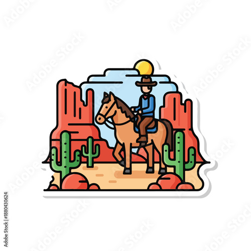 A cowboy rides horse through desert