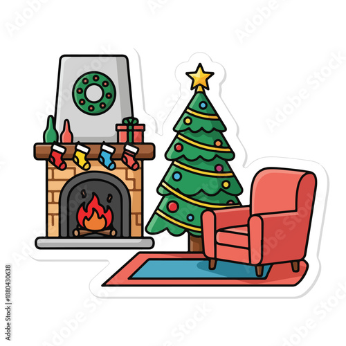 A cozy cartoon living room with a fireplace and Christmas tree