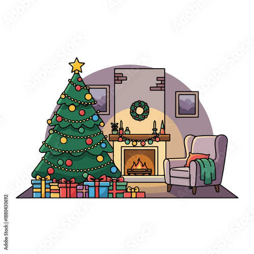 A cozy living room with a Christmas tree and presents by the fireplace