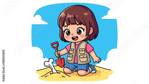 Little Girl Digging Dinosaur Fossil Bones