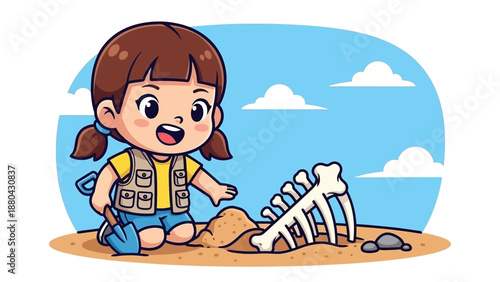 Little Girl Digging Dinosaur Fossil Bones