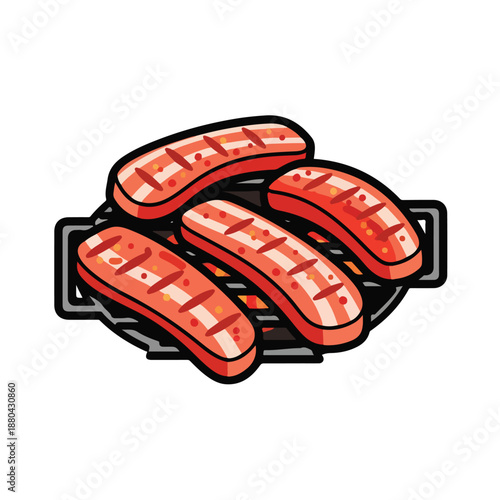 A digital illustration of four grilled sausages on a grill