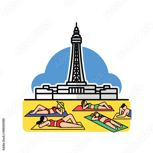 A drawing of people exercising on mats in front of a large tower