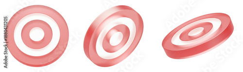Red Target Bullseye Icon Set Goal Success 3D illustration showing multiple angles of shiny circle mark for corporate finance achievement marketing vision and winning competition strategy.