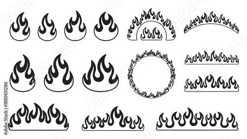 Flame Icons Set in Black Silhouette Style on White Background for Graphic Design