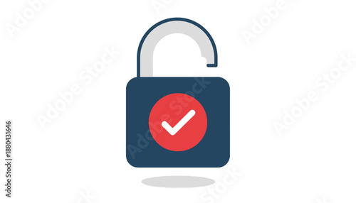 Unlocked padlock with red checkmark in flat design on blue background with white shadow for security icon