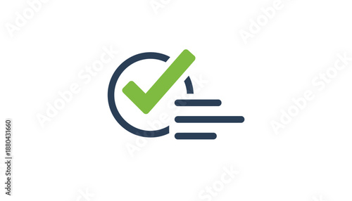 Green checkmark icon in dark blue circle with three lines in modern minimalist style for approval and validation