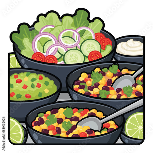 A colorful illustration of various salad bowls