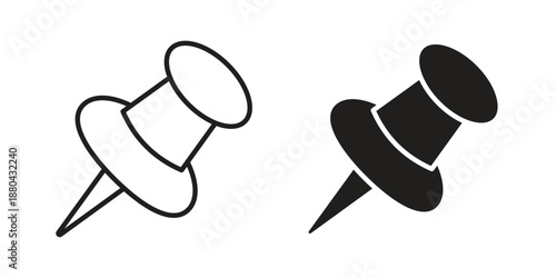 Push pin icons vector glyph and thin line. Black icons