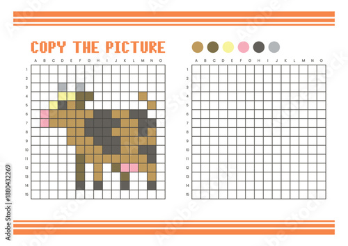 Copy the picture grid drawing worksheet for kids. Pixel art cow