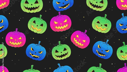 Colorful Halloween pumpkins pattern on black background