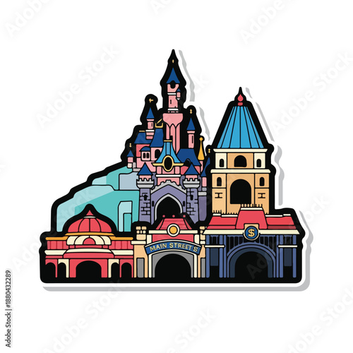 A colorful cartoon illustration of a fantasy castle complex