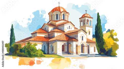 Studenica Monastery. Studenica Monastery watercolor vector illustration