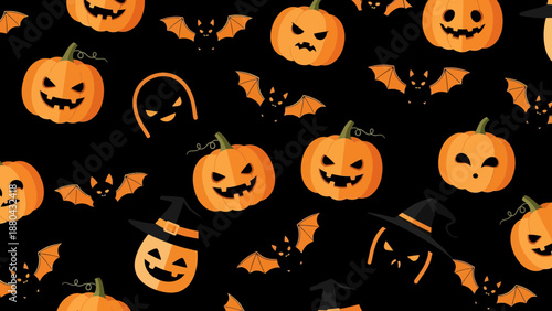 Spooky Halloween pumpkins and bats pattern on black background