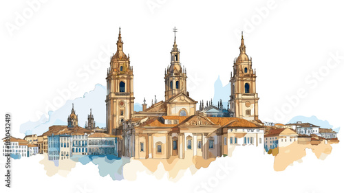 Santiago de Compostela Cathedral. Santiago de Compostela Cathedral watercolor vector illustration
