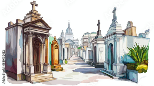 Recoleta Cemetery. Recoleta Cemetery hand drawn watercolor illustration