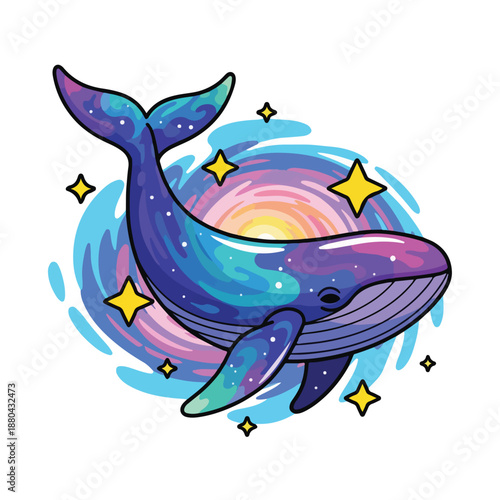 A colorful cartoon whale with swirly patterns and stars