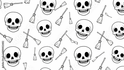 Spooky Halloween seamless pattern with skulls and brooms