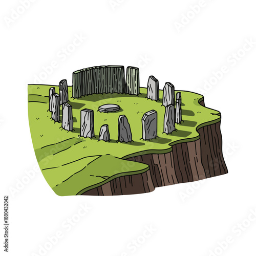 A cliffside ancient stone circle on grassy hill